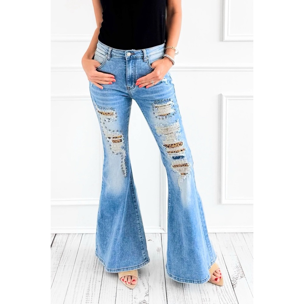 Oli & Hali Leopard Patch Stud Detail Distressed Stretchy Flares